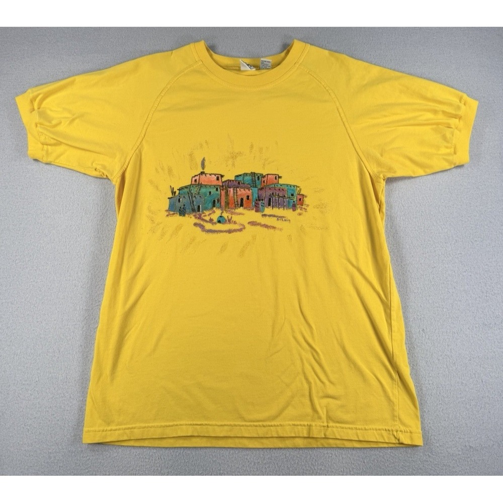 Womens VTG 90s Pueblo Southwest Colorful Yellow T Shirt Size Large SS Souvenir